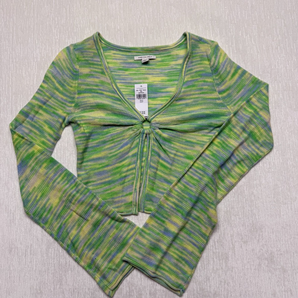 American Eagle Knit Top O-Ring Cutout Womens Small Green Bell Sleeve Space Dye